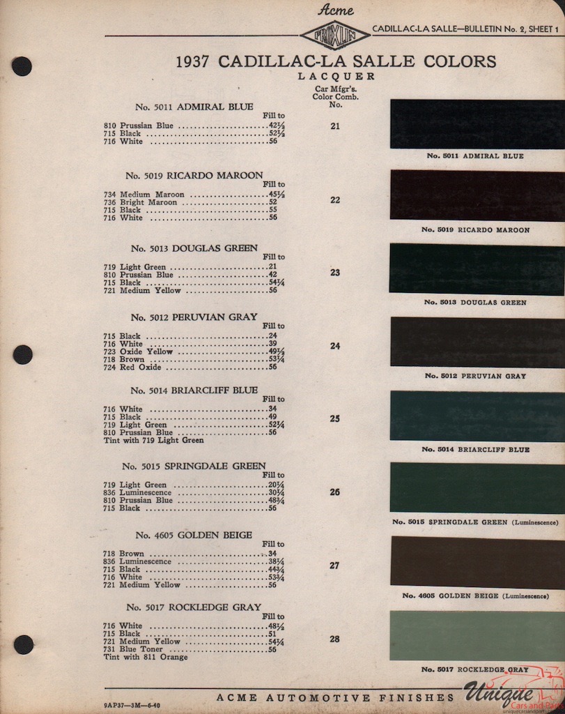 1937 Cadillac Paint Charts Acme 1